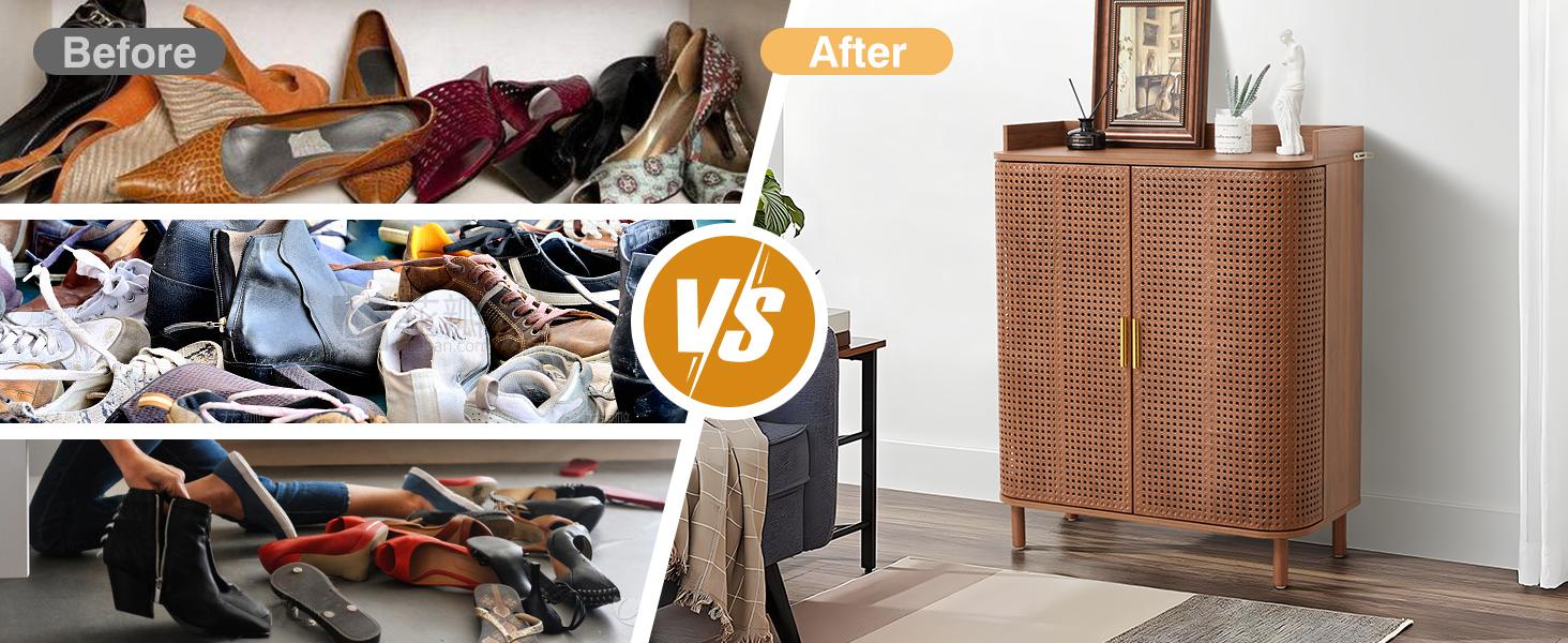 Giratree Shoe Cabinet, 5 Tier Boho Wooden Shoe Storage Organizer Cabinet with Adjustable Shelves, Shoes Rack with Iron Rattan Curved Doors Accent Cabinet for Entryway Hallway Living Room