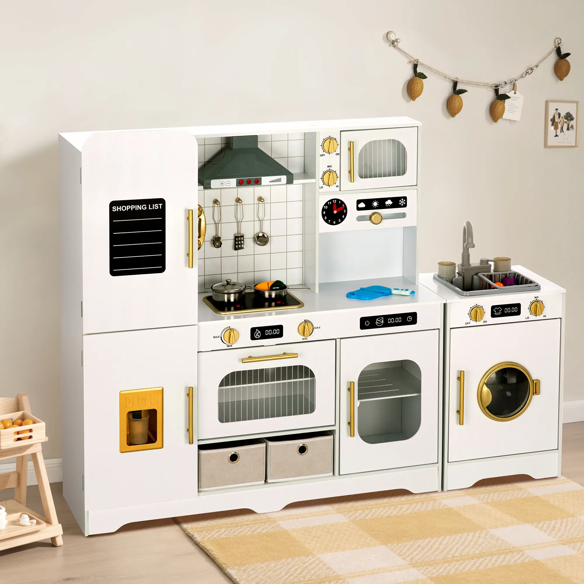 PHIVILLA Home 53" Extra Large Kids Wooden Kitchen Playset with Fridge, Oven, Sink & Washing Machine, Pretend Play Cooking Toy with Storage for Toddlers Boys & Girls