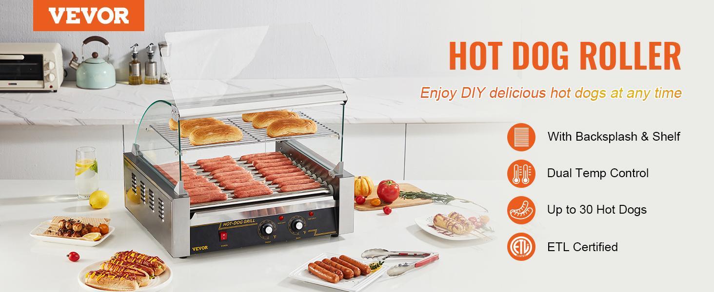 VEVOR Hot Dog Roller, TikTokShopBlackFriday, 11 Rollers 30 Hot Dogs Capacity, 1650W Stainless Sausage Grill Cooker Machine with Dual Temp Control Glass Hood Acrylic Cover Bun Warmer Shelf Removable Drip Tray, ETL Certified