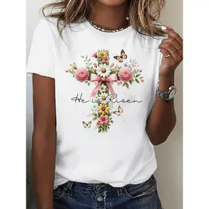 Women'S Easter Floral T-Shirt - Soft And Casual, Short Sleeves, Crew Neck, Perfect for Spring And Summer, Machine Washable