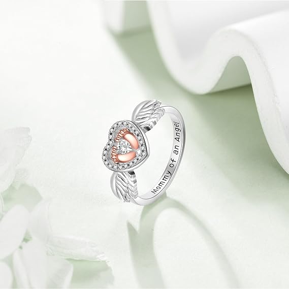 Two-Tone Baby Feet - Angel Wings  Heart Ring "Mommy Of An Angel"- Vintage Elegant Style - Mother's Day Jewelry Gifts For Women  Special Occasions