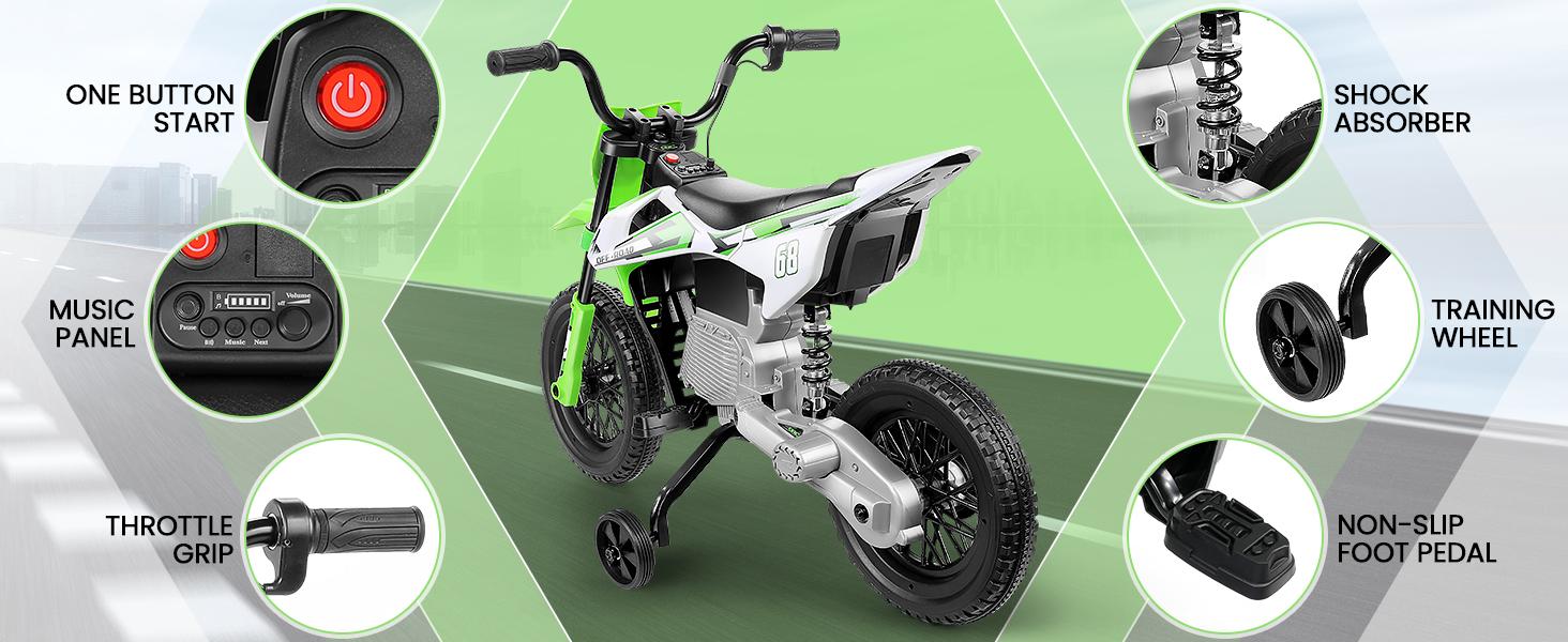 Hikole 12V Electric Training Wheel Dirt Bike for Kids – Battery Powered Ride-On Motorcycle with Spring Shock Absorption, Training Wheels, Durable Toddler Electric Bike for Boys