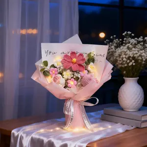 EVERCUTE Handmade Crochet Flower Bouquet | Knitted Artificial Flowers with LED Lights | Romantic Gift for Girlfriend Bridal Shower Home Decor werewolf sculpture dream fake flowers for outdoor uv resistant realistic silk flower crocheted porch decor