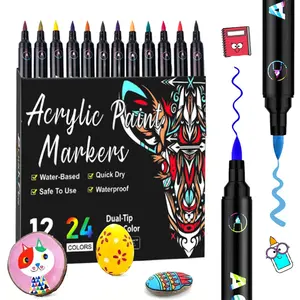 Acrylic Paint Markers,Dual tips Dual Color Acrylic Paint Pens for Rock Painting, Canvas, Wood, Glass, Ceramic, Fabric, Plastic, Egg & Scrapbook. Soft Brush Tips Paint Pens and Paint Markers, Colorful Marker Set