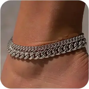 2Pcs Chunky Cuban Link Anklet Set for Women | 14K Gold Plated Waterproof Adjustable Anklets | Summer Beach Vacation Jewelry | Trendy Layered Gift for Her Anklebracelet