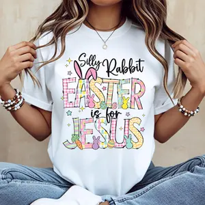 Silly Rabbit Easter Is For Jesus Easter Shirt Cotton Casual Crew Neck Short Sleeve Regular Sleeve Summer T-Shirt Machine Washable Not Dry Clean Made In USA