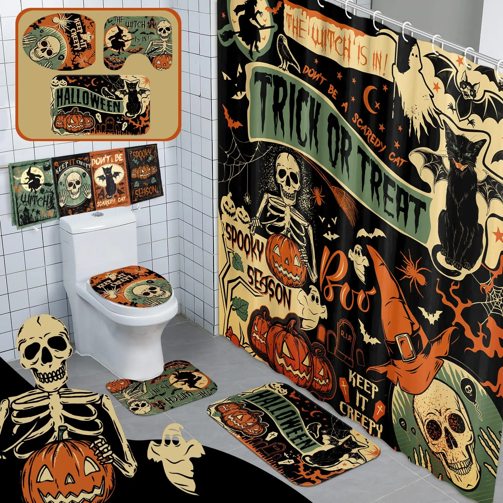 Vintage Halloween Bathroom Decor Halloween Shower Curtain with Hooks & Non Slip Rugs & Toilet Lid Cover Skeleton Pumpkin Witch Ghost Halloween Home Decor Spooky Season Fall Decor Halloween Decorations Halloween Party Halloween Finds