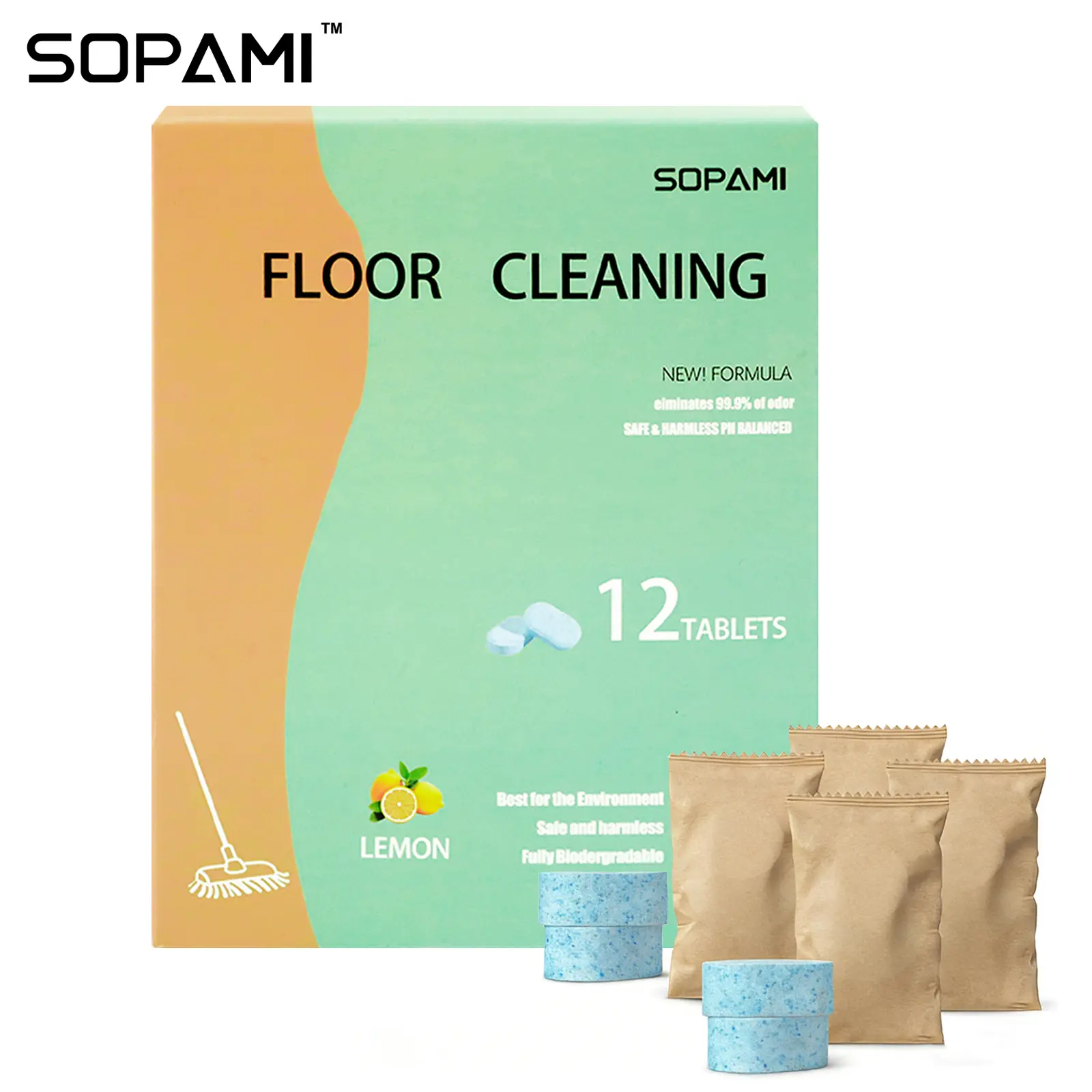 SOPAMI 12/24-Pack Floor Cleaning Tablets lemon scent fully biodegradable removes stains and odors dries fast no residue safe for wood tile marble for home cleaning