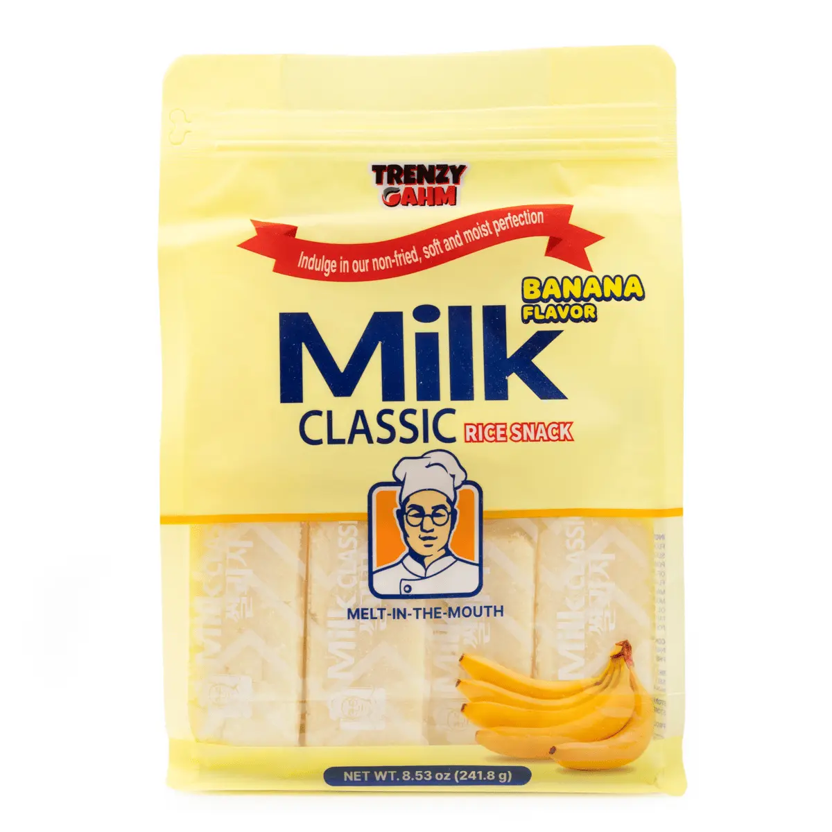 Trenzy Gahm Milk Classic Banana Flavor Rice Cake - Individually Wrapped, Melt-In-The-Mouth Crunchy Korean Food and Snacks, Popular Ready-To-Eat Snack Bites, Rice Cakes