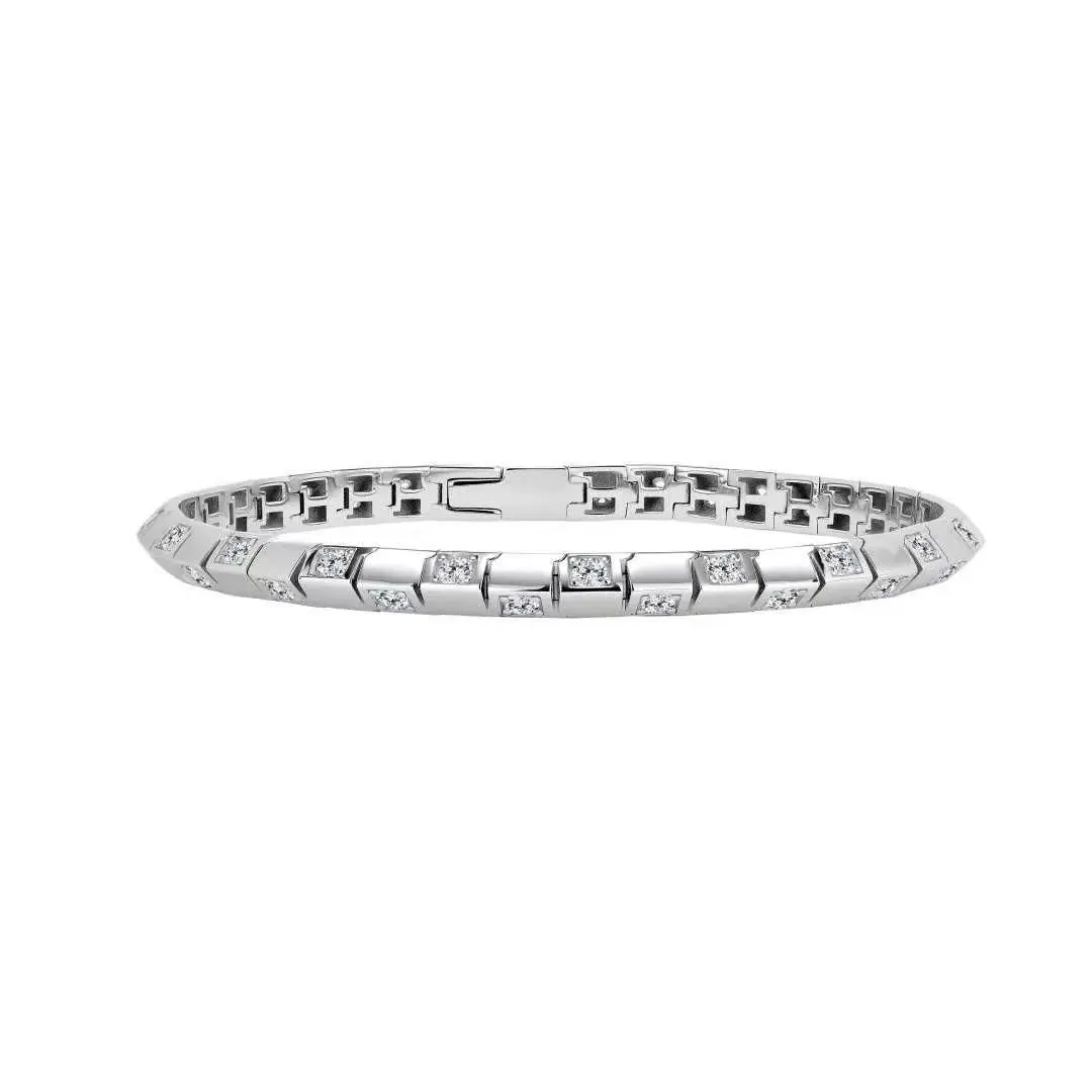 Checkerboard Square Link Hinged Bracelet, Sparkling Paved Cubic Zirconia Bangle, Vintage Luxury Minimalist Cold‑Tone Jewelry