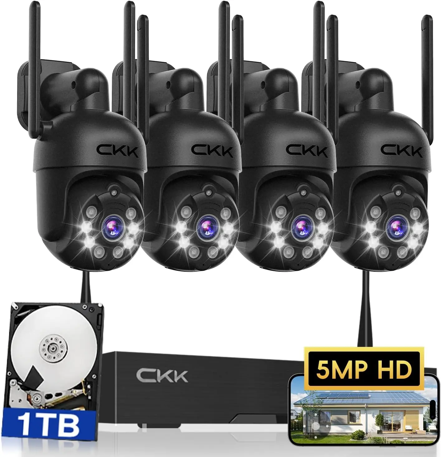 10CH Wireless Security Camera System with  4pcs PTZ Cameras , 3K WiFi Surveillance NVR System with Floodlights & Siren Alarm, 2 Way Audio, 1TB Hard Drive