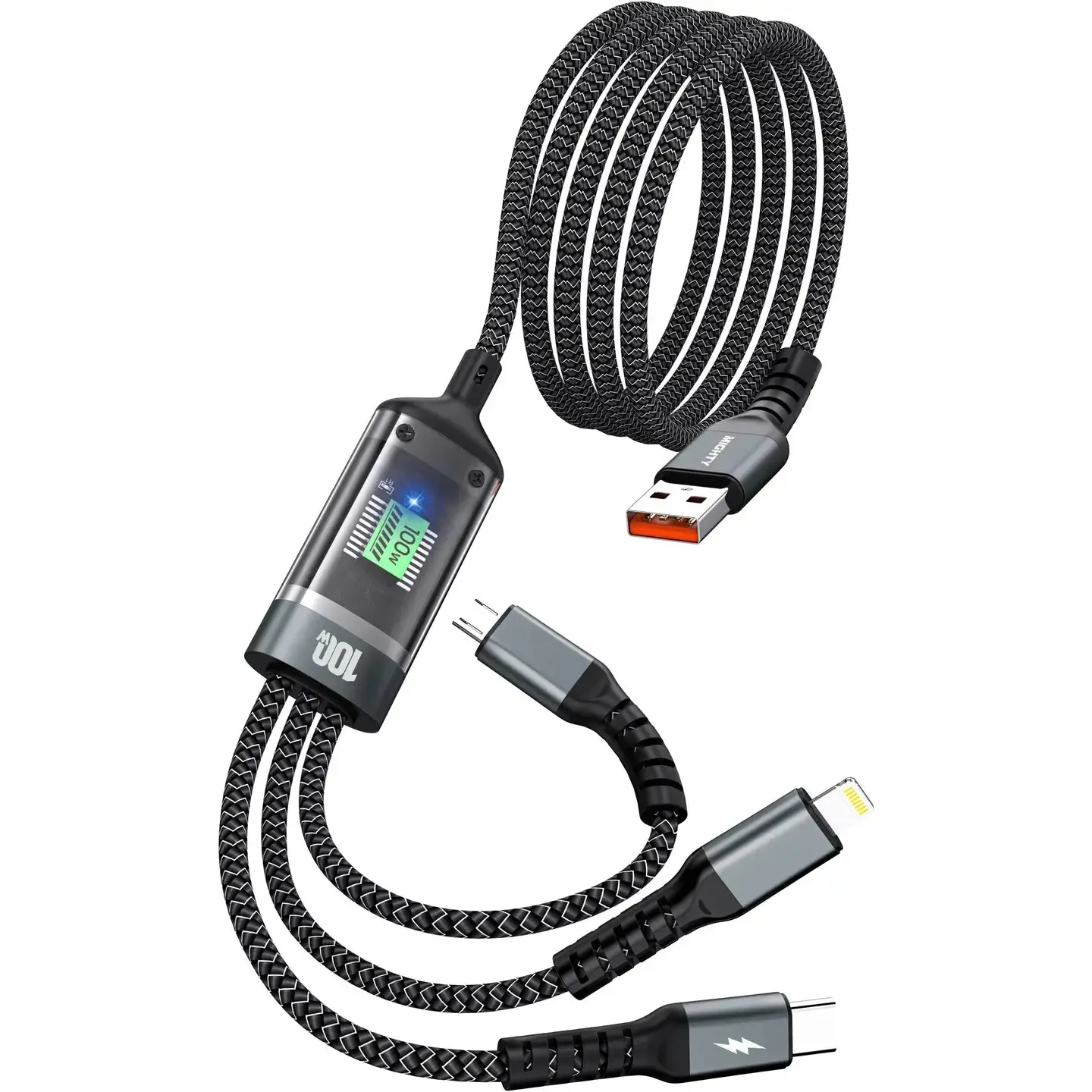 3-in-1 Fast Charging Cable 100W | USB-C + Lightning + Micro USB | LED Display | 5ft Braided