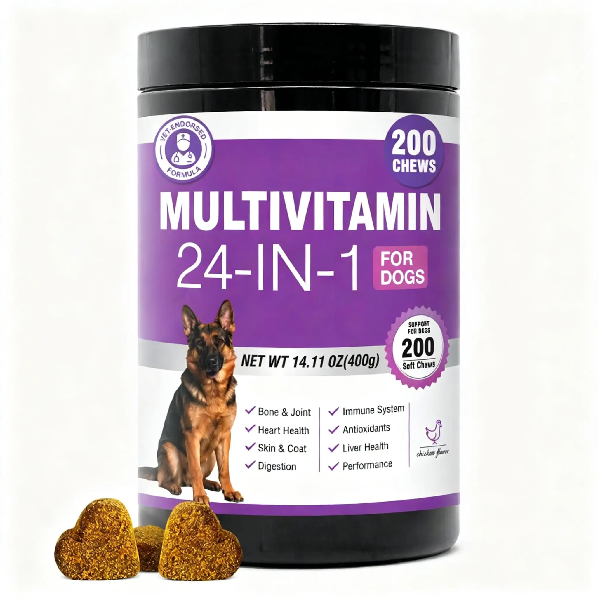 24-in-1 Dog Vitamins and Supplements 200 Ct Dogs Multivitamin Chewable Contain Chondroitin Probiotics Omega-3 Glucosamine for Dogs Skin Coat Heart Joint Gut Liver Brain Eyes Immune Support - Chicken