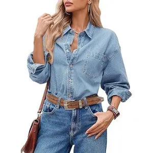 CICY BELL Women's Oversized Denim Shacket - 2026 Early Fall Fashion, Long Sleeve Button-Down Top