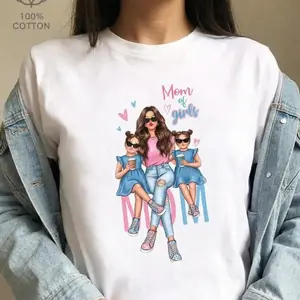 Cotton Short Sleeve T-Shirt Mom of Girls Cartoon Printed T-Shirt, Y2K Style, Short Sleeve, Crew Neck, Polyester, Mother'S Day Gift Show your love as a proud girl mom