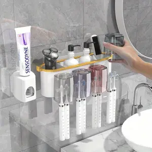 4 Cups Toothbrush Holder Wall Mounted Toothbrush Holder with Gargle Cup & Toothpaste Dispenser, Bathroom Organizer for Toothpaste & Brushes, Toothbrush Storage, Home Supplies