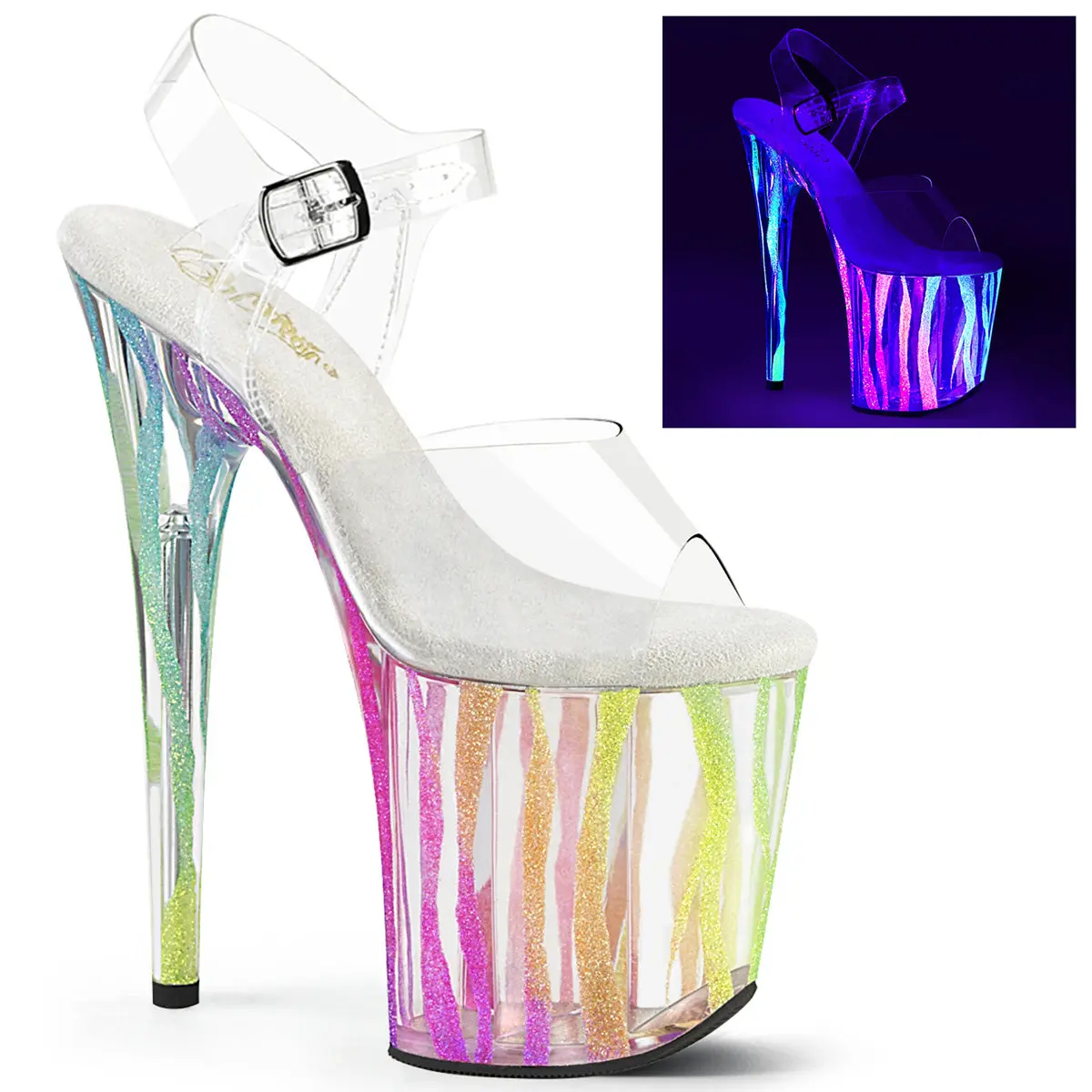 Pleaser Women's Flamingo 8-Inch High Heel Sandals, Neon Glow Rainbow Zebra Platform with Transparent Ankle Strap, Statement Party Shoes for Dancers, Footwear, Animal Print, Blacklight Reactive, Clear/Multicolor, Glitter, Neon Rainbow, Fashion, 8" Heel