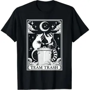 Unisex "Team Trash" Tarot Card T-Shirt, Oversized Vintage Graphic Top with Raccoon & Opossum, Casual 100% Cotton Fabric