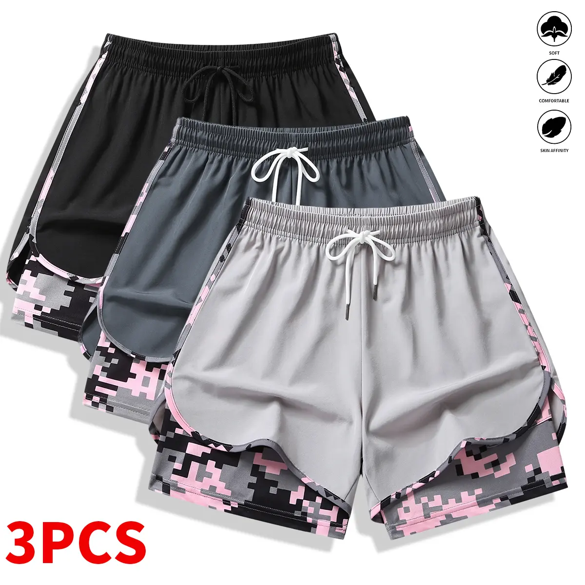 3-pack women’s casual athletic shorts with built-in liner, drawstring, elastic waistband—suitable for outdoor sports, fitness, running, and casual wear; women’s shorts, athletic shorts, womenswear,summerwins