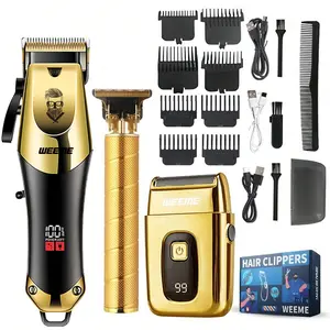 Golden Hair Cutting 3-Piece Grooming Kit for Men, Professional Barber Set with Hair Clipper, Razor & T-Blade Trimmer, USB Rechargeable LCD Display, Ideal Gift for Father’s Day, Birthday, Valentine’s Day & Holiday