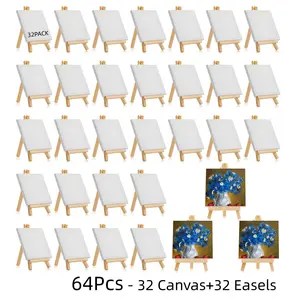 64Pcs Mini 4x4" Canvases & Easel Set-32 Canvas & 32 Easels, for Oil, Acrylic & Watercolor,Perfect for Beginners, Hobbyists ,Kids Classroom Crafts,Painting Valentine's Day Craft Gifts & Easter party,Creative Work space Set up 30-piece ar