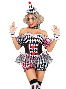 Leg Avenue Darling Harlequin Clown Halloween Costume - 4 Piece Flirty Sexy Cute Romper with Ruffle Trimmed Bloomer & Clown Hat for Summer Events