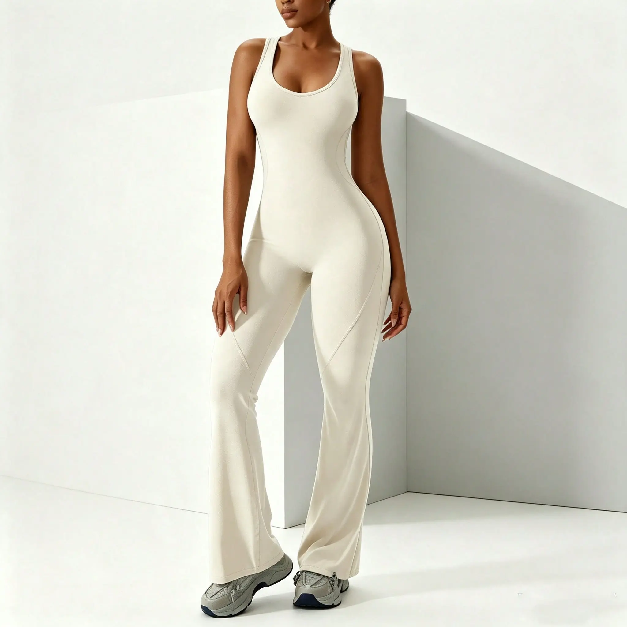 Adjustable Women's U‑Neck Racerback Flared Yoga Jumpsuit, High Stretch Bodycon One‑Piece Workout Bodysuit