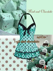 Blue 1940s Halter Polka Dots Bow One-Piece Swimsuit Chocolate Mint Stretch Blue 1940s Halter Polka Dots Bow One-Piece Swimsuit Chocolate Mint Stretch