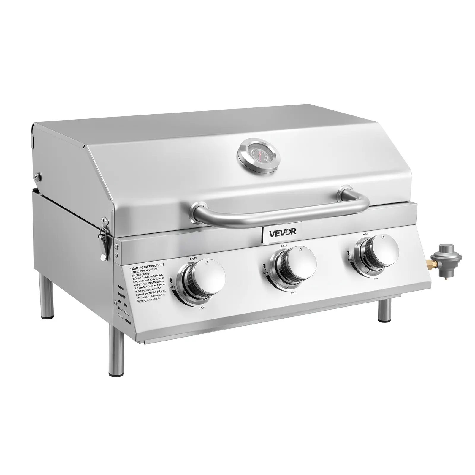 【SummerFinds】VEVOR Tabletop Gas Grill, 3-Burner Stainless Steel Portable Propane Grill, with Built-in Thermometer, Travel Locks, Weatherproof Lid, 22,500 BTU Total, for Outdoor Cooking, Patio, Party, Camping, RV