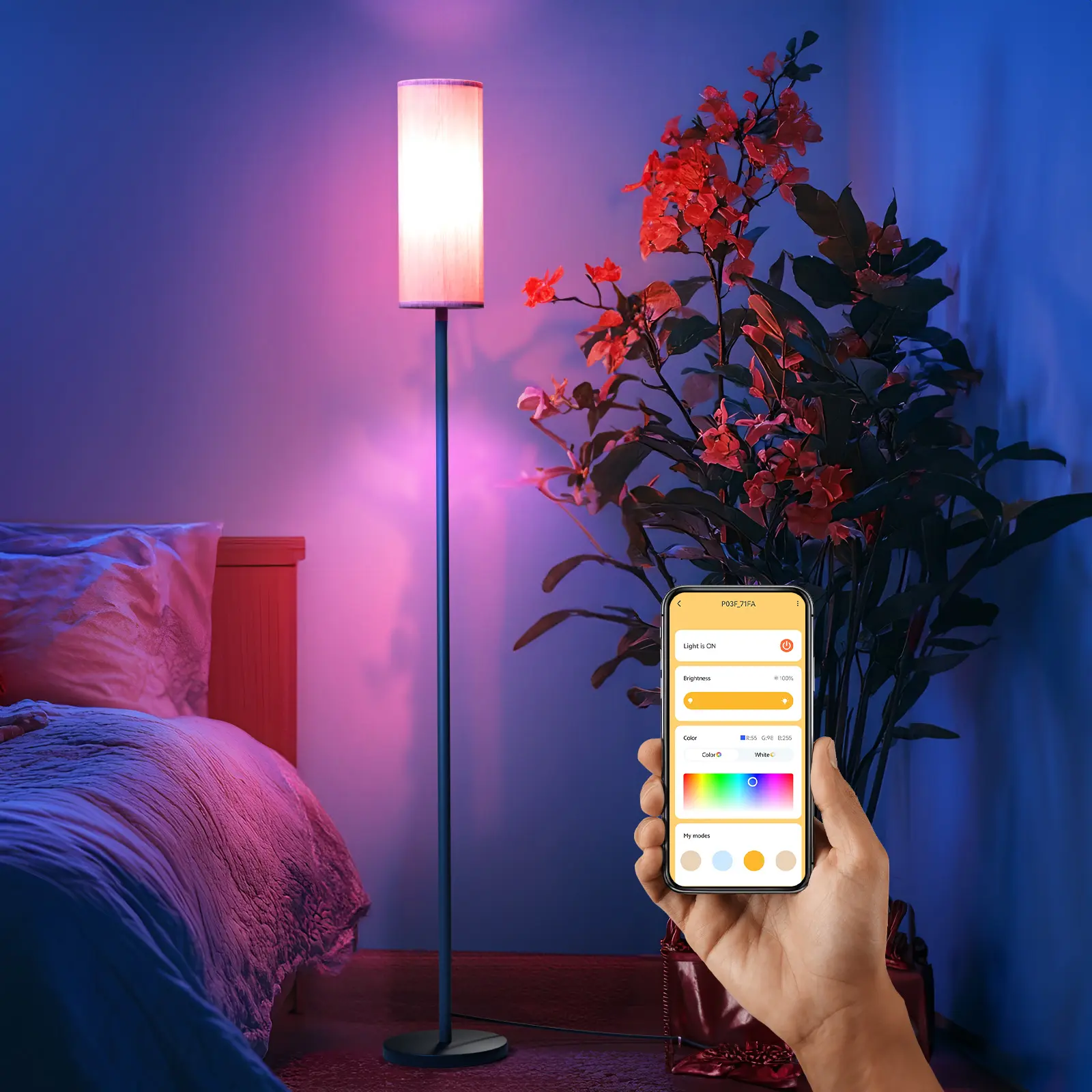 DAYBETTER RGB WiFi Floor Lamp with APP Control, 2700-6500K Color Temperature, Stepless Dimming, Music Rhythm Function, Timer, Beige Shade, Modern Floor Lamp for Living Room, Bedroom, Office - Ambient Lighting Multifunctional