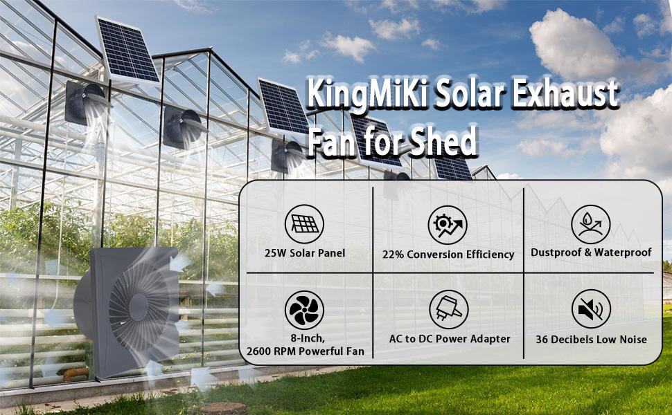 Solar Exhaust Fan for Shed - 25W Solar Panel 8'' Greenhouse Fan, 2600 RPM Powerful, Gray with AC to DC Power Adapter, Solar Ventilation