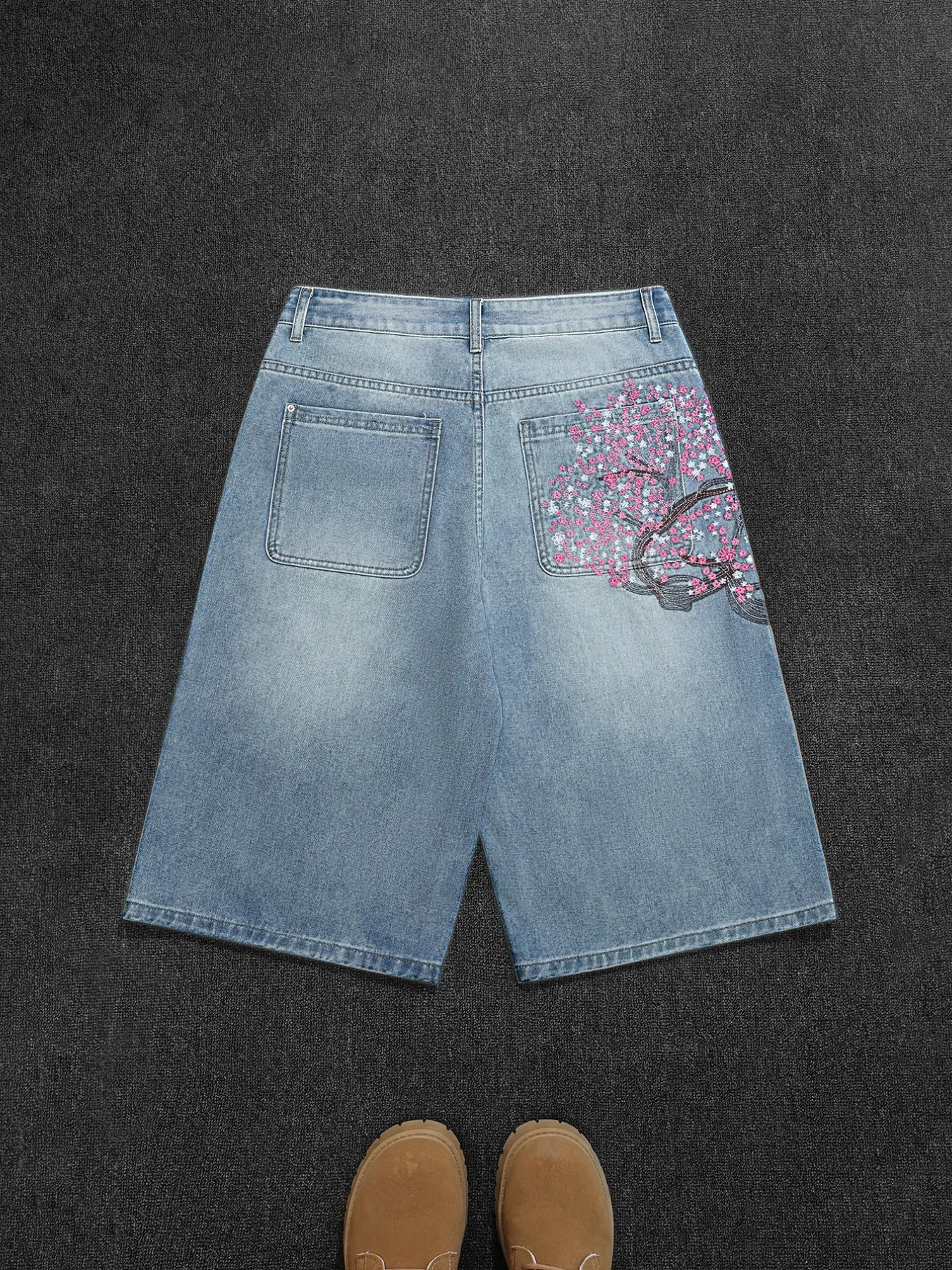 Men's Bermuda Shorts, Light Blue Washed Jeans, Retro Floral Embroidery, Loose-Fit, Knee-Length, Casual Summer Outdoor Wear, Ideal for Leisure