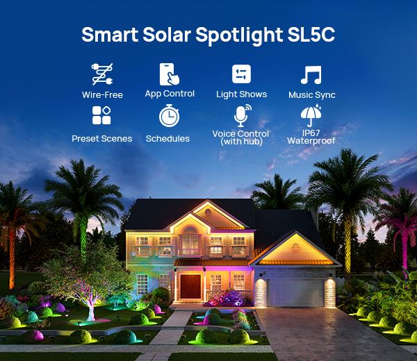 Linkind Smart Solar Spotlight SL5C Color Changing Cool Warm White Landscape Lighting APP Control Solar Lights Outdoor IP67 Waterproof for Yard Garden Pathway 2 Pack with AI-Dot App for Customizable Scenes