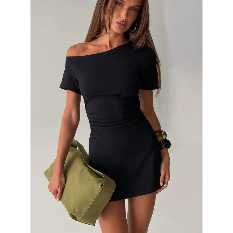 rava off the shoulder mini dress black Black Floral Jacquard Puff Sleeve Dress - Mini Dresses main image 1