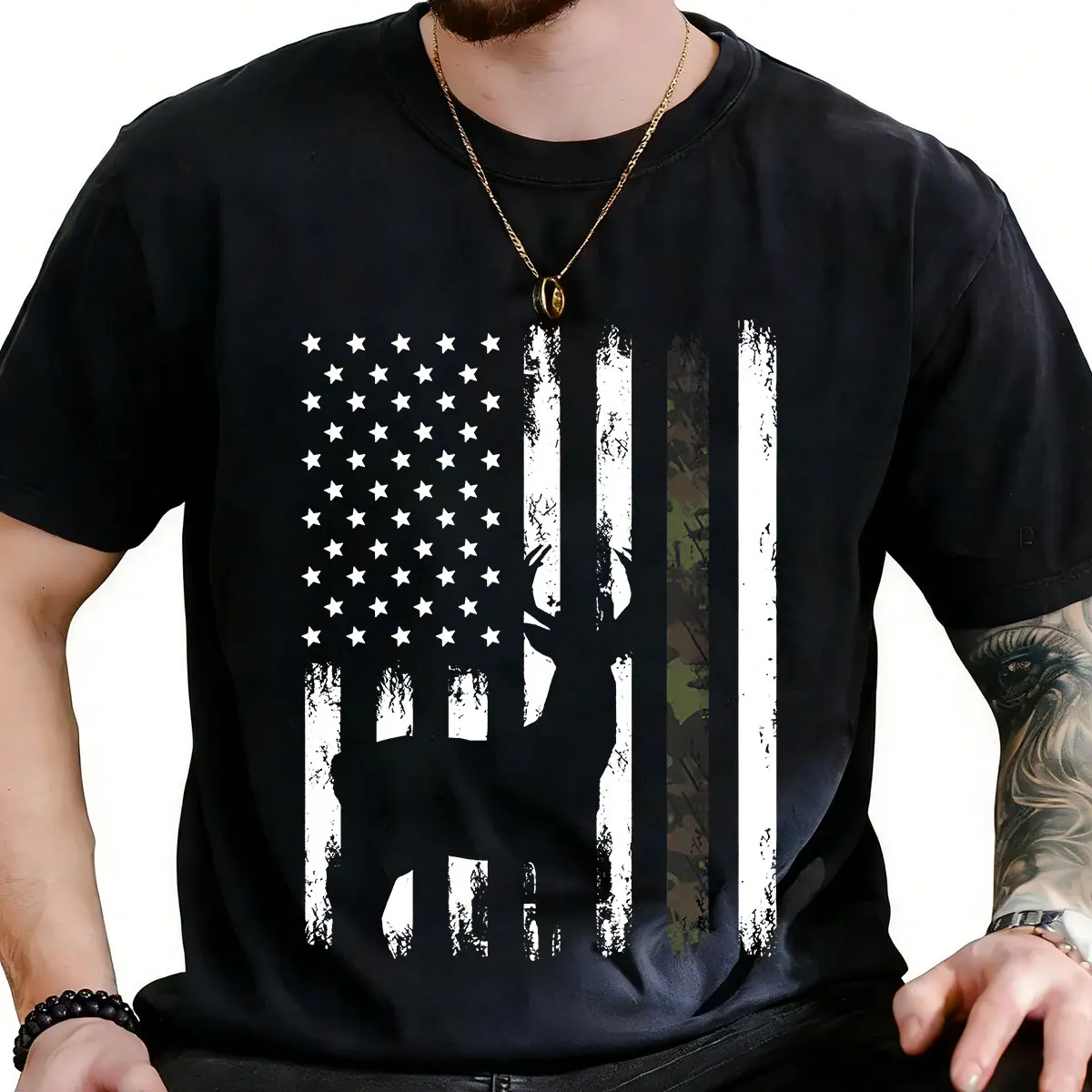Men's American Flag Deer Graphic Art T-Shirt - 100% Cotton 180G/230G Fabric, Camo Accent, Round Neck, Relaxed Fit Short-Sleeve Menswear Vibe Patriotic Hunting Top, Made in USA [CoreVarsity.us Hoodie Option]