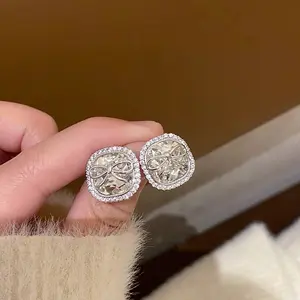 Korean Style Exquisite Diamond Inlaid Square Earrings, Elegant High-End Bow Stud Earrings