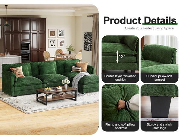 summervibes ABCASA 113" Modular Sectional Sofa, Comfy Cloud Modern Couch, L Shaped Deep Seat Sofa Couches for Living Room, 4-Seater Modern Sofa with Movable Ottoman, DIY Combination, Chenille, Living Room Furniture