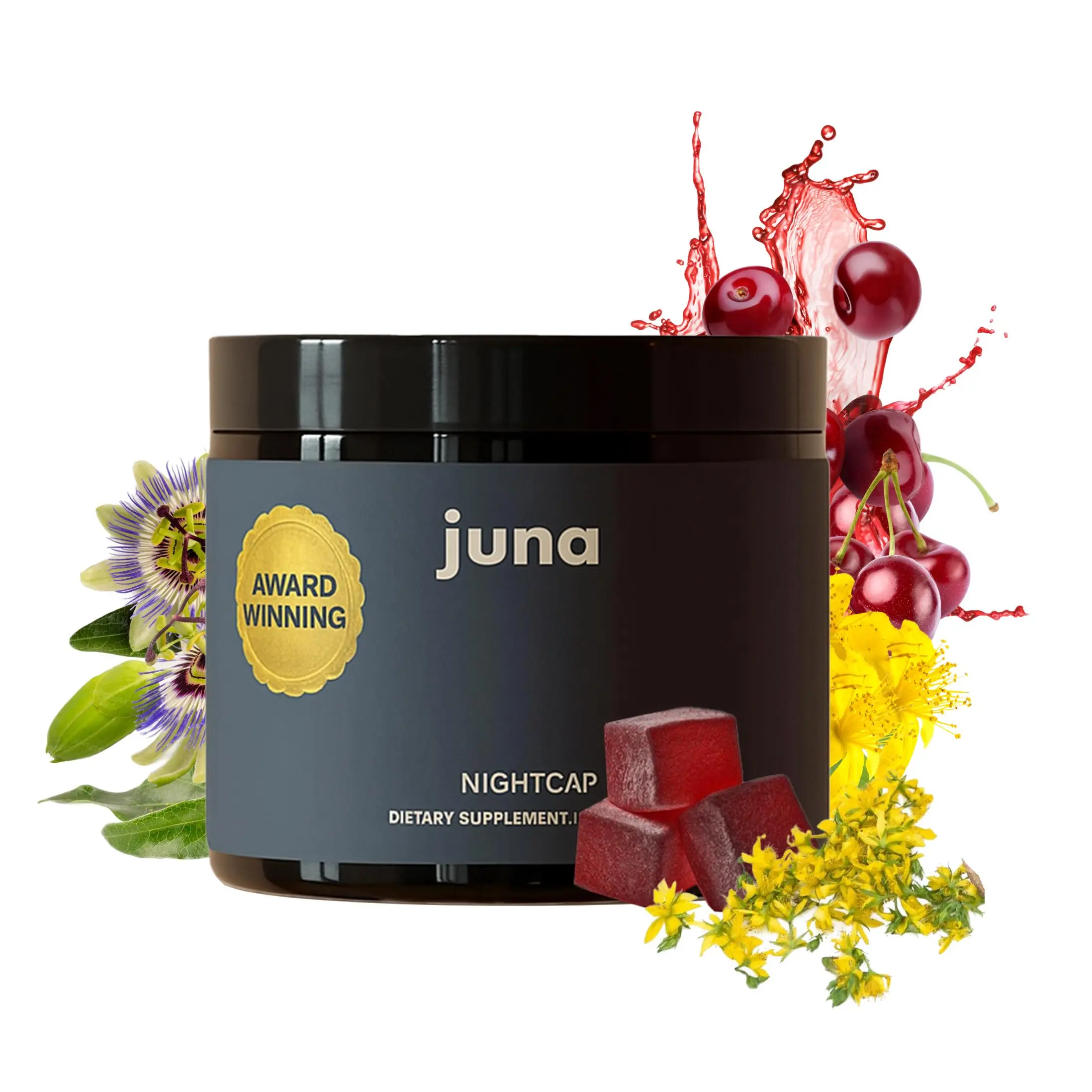 Juna Nightcap Sleep Gummies - Natural Sleep Aid, Sugar-Free, Formulated with Tart Cherry, GABA, Magnesium, Chamomile & Passionflower, Low-dose Melatonin, Award Winning, 0g Sugar, Non-habit forming Dietary Supplement