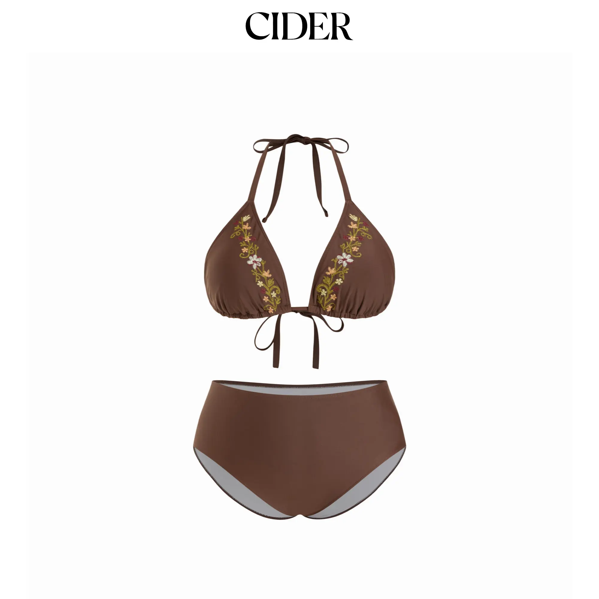Cider Halter Neckline Floral Embroidery Triangle Top & Mid Rise Full Coverage Bikini Set Curve & Plus