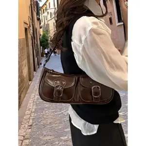 Y2K Patent Leather Baguette Bag for Women, Retro Double Buckle Pocket Shoulder Bag with Glossy Finish, Versatile for Casual Daily & Party, Multiple Color Options, Handbag Shoulder Bag