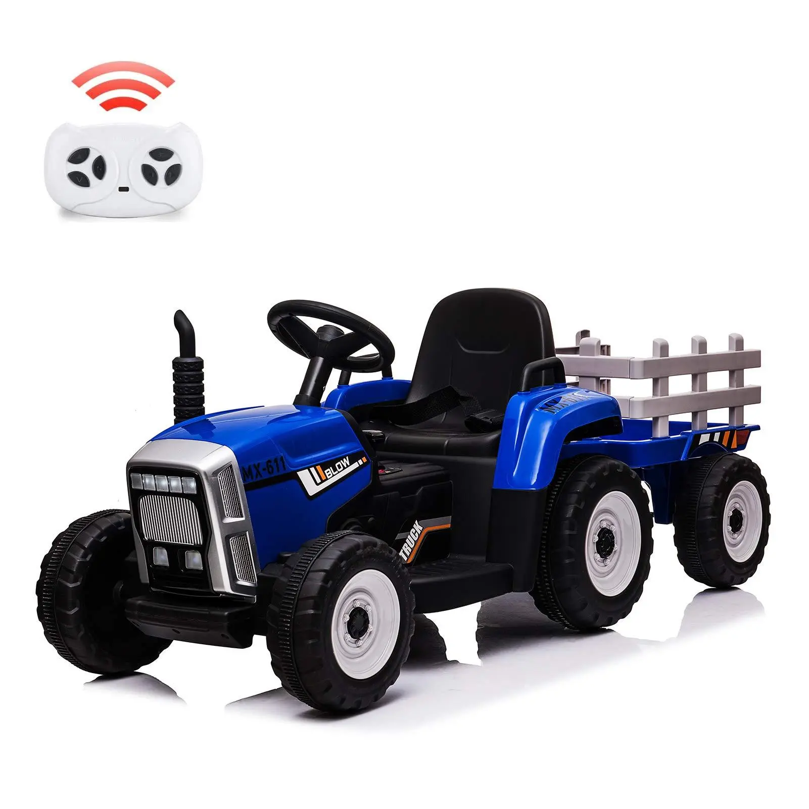 12V Kids Ride On Tractor with Trailer, 25W Dual Motors, 3-Gear Shift, 7 Led Headlights, and Mp3 Player - Ride-On Toy for Toddlers Ages 3+,Blue