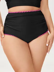 【Summer Turn-Up】【Tummy control】BlOOMCHIC Plus Size Color Contrast Embroidered Pleated Swim Bottoms [M-6X] 2026 Summer Pick for Mother's Day