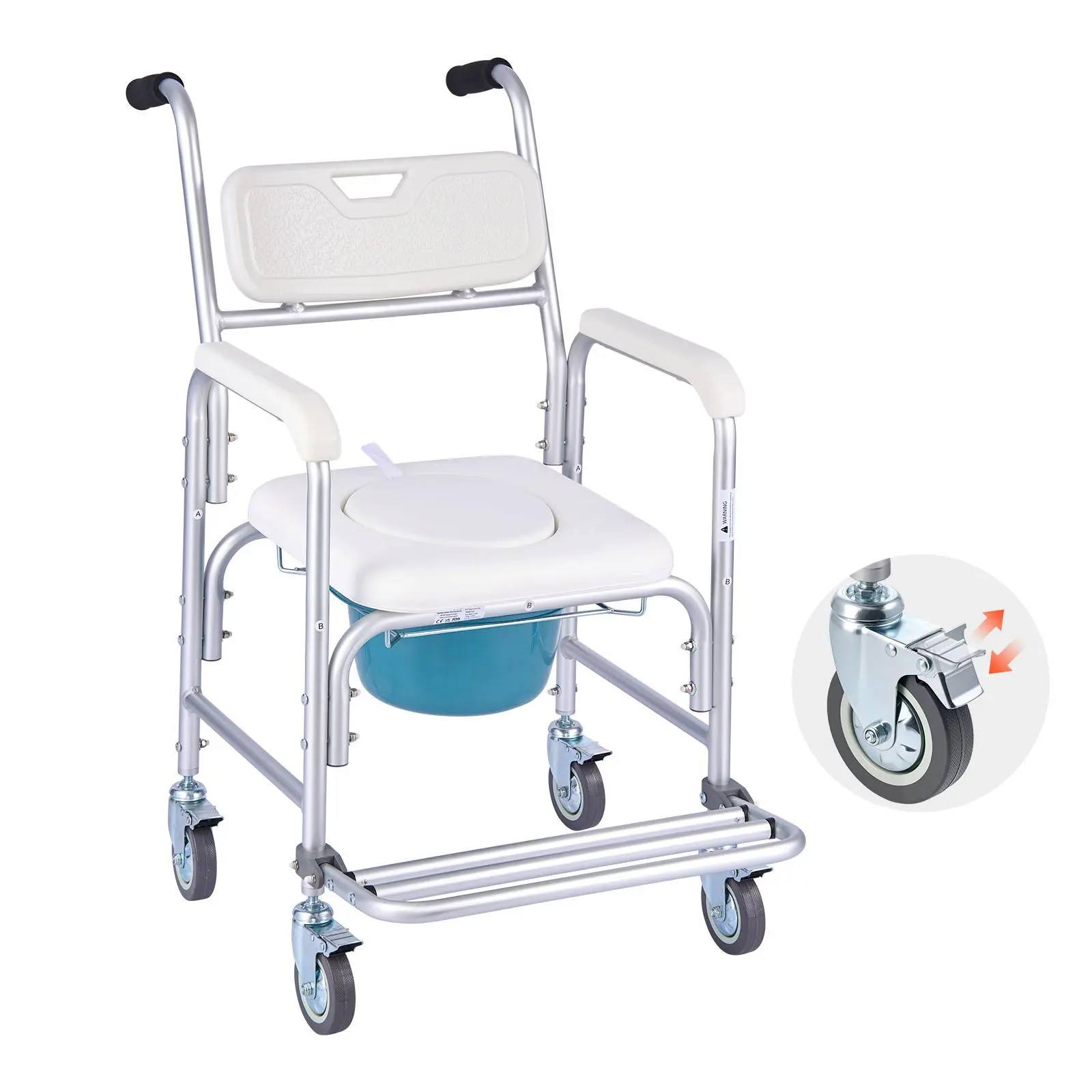 VEVOR Aluminum 4-in-1 Bedside Commode Chair with Wheels, 350 lbs Capacity, Foldable Footrest, Padded Seat/Backrest, 5L Detachable Bucket, Easy to Clean In-Home Care Shower Chair for Seniors (Smooth Movement)#BackToSchool