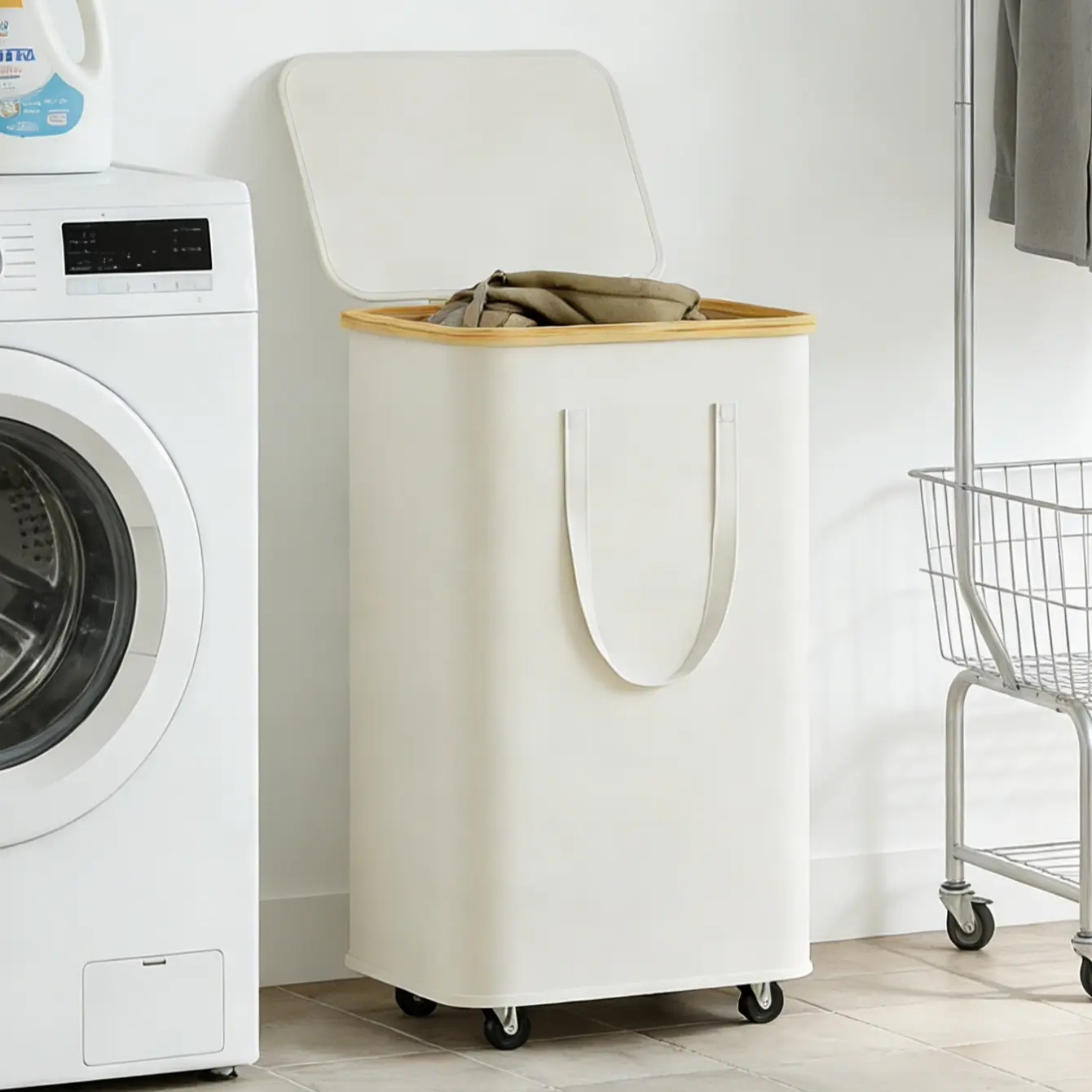 60L/100L Large Capacity Folding Laundry Basket, Foldable Rectangular Dirty Clothes Hamper with Wheels, Detachable Liner, Smooth Rotating Wheels, Wheeled Laundry Basket, Laundry Basket On Wheels
