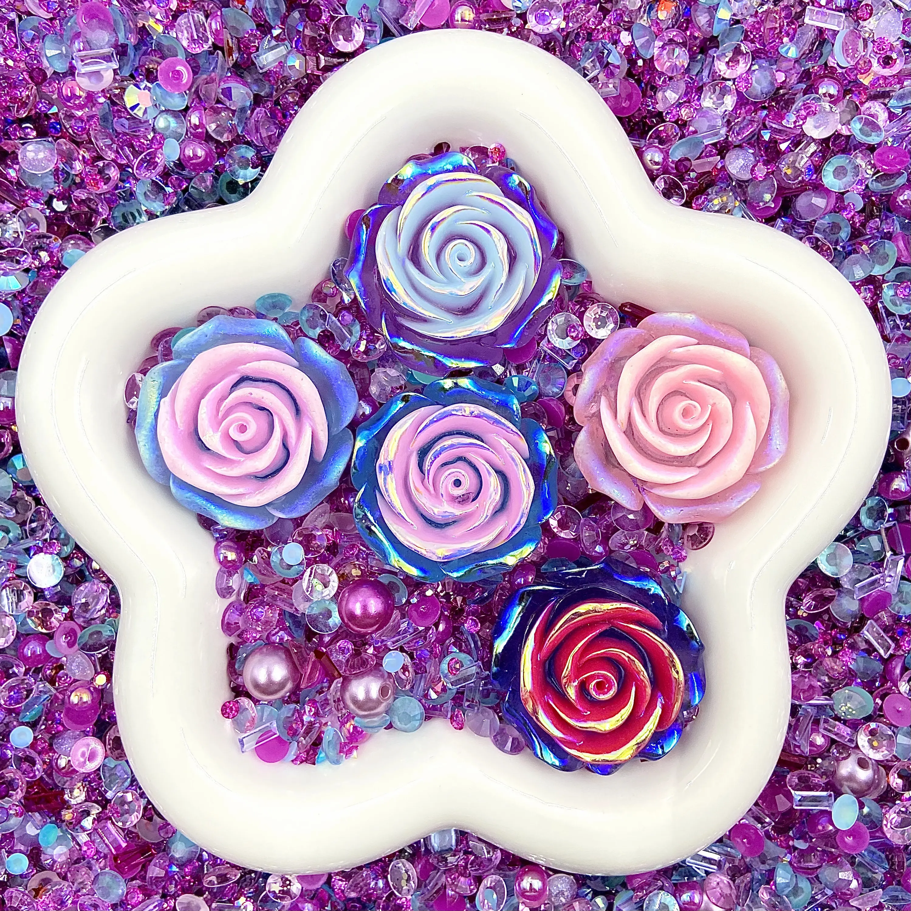 Bubblegum Rush-  Rose Mix - Floral Resin Cabochon Mix with Rhinestones – Assorted Flower Resin Charms for Whipped Cream Glue, Resin Art & Mirror Decoration