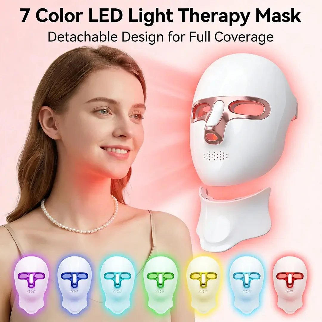 7-Color LED Light Therapy Mask for Face and Neck for Wrinkle Improvement, Battery Powered Photon Device with Enhanced LED Light Source, Adjustable Skin Rejuvenation Tool for Women's Home Care, Face And Neck (Enhanced Led Light Source)