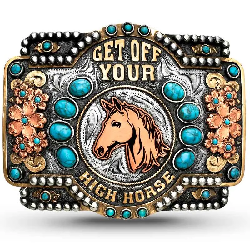 Get Off Your High Horse Belt Buckle, Custom Western German Silver Belt Buckle for Western Belts - "Get off Your High Horse" Themed Accessory