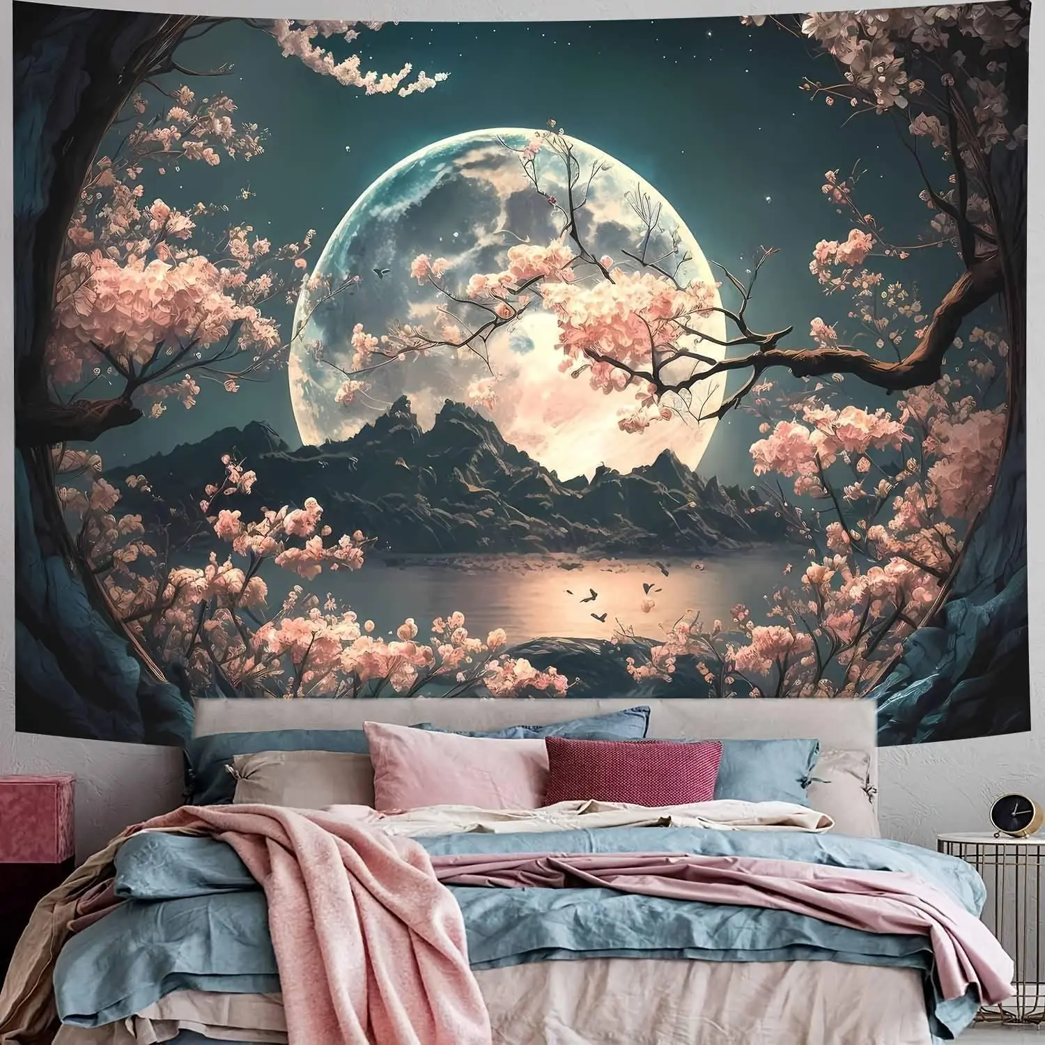 1pc Serene Cherry Blossom& Moon Tapestry- Lightweight 85gsm Polyester Wall Hanging with Starry Sky and Mountain Landscape, Aesthetic Decor for Bedroom, Living Room, Dorm- Easy Installation Kit Included, Room Decor, Bedroom Decor, Wall Decor