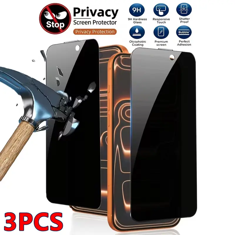 3pcs Anti-Spy Privacy Tempered Glass Film for iPhone 17Promax 17Pro 17AIR 16Promax 16Pro 15Promax 15Pro 14Promax 14Pro13Promax 13Pro 12Promax 12Pro 11Promax 11Pro 11 XSMAX XR XS/X 17/16/15/14/13/12/11/X Screen Protector