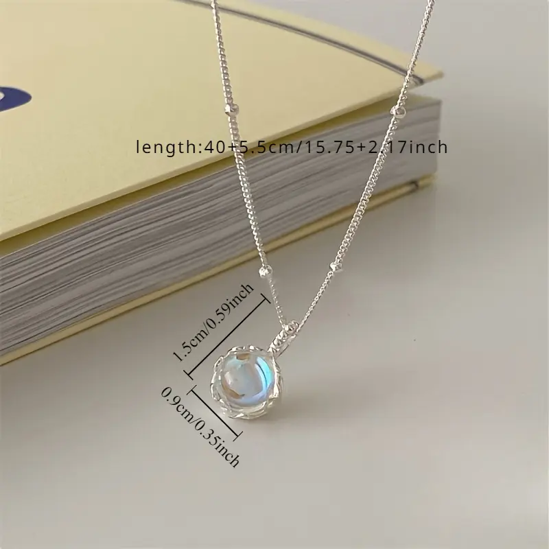 Women's Elegant 925 Sterling Silver Moonstone Pendant Necklace, Minimalist Round Costume Jewelry, 40+5.5cm Chain, Special Gift Choice